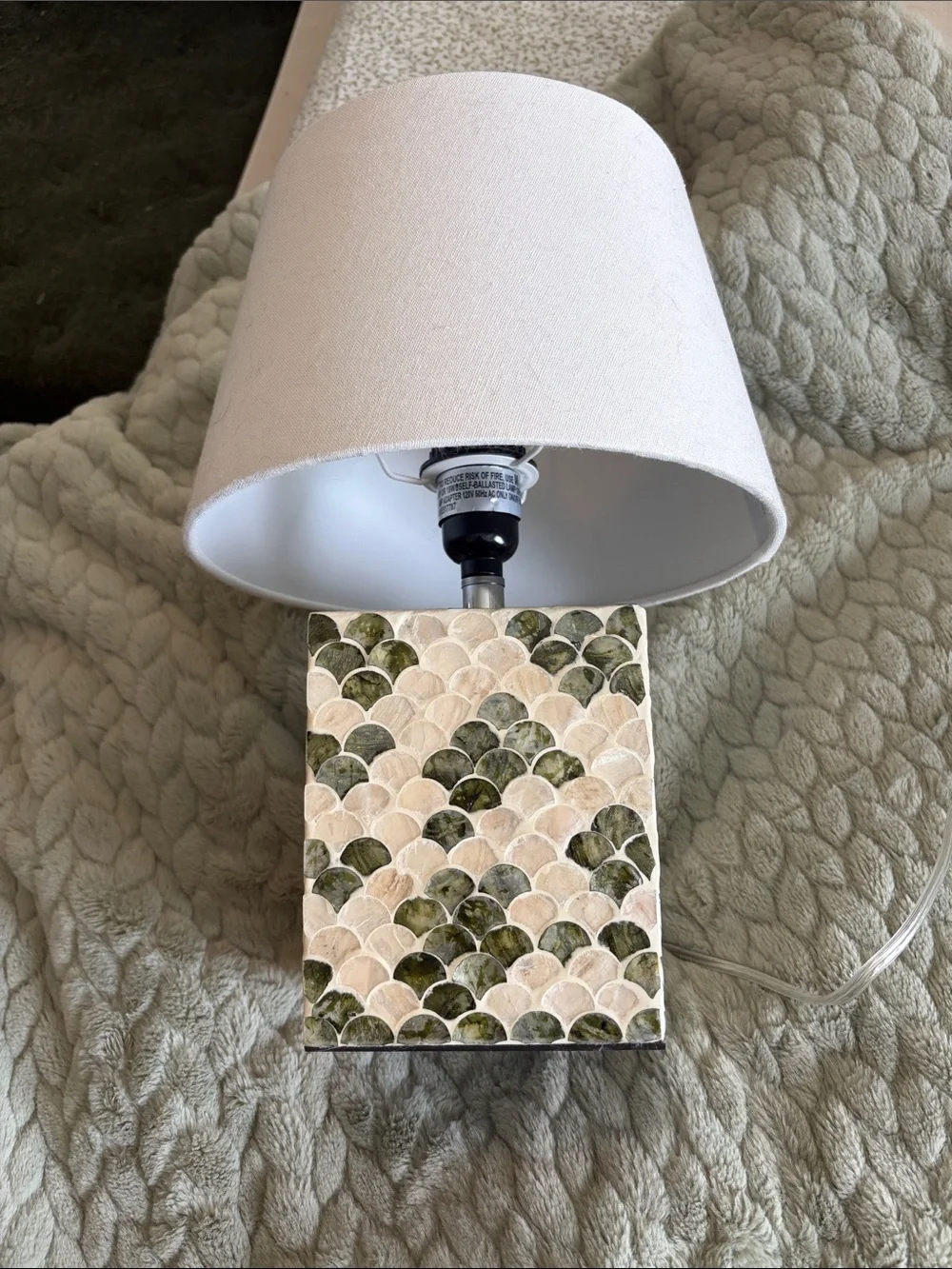 Two Neutral Table Lamps with Green Mosaic Base